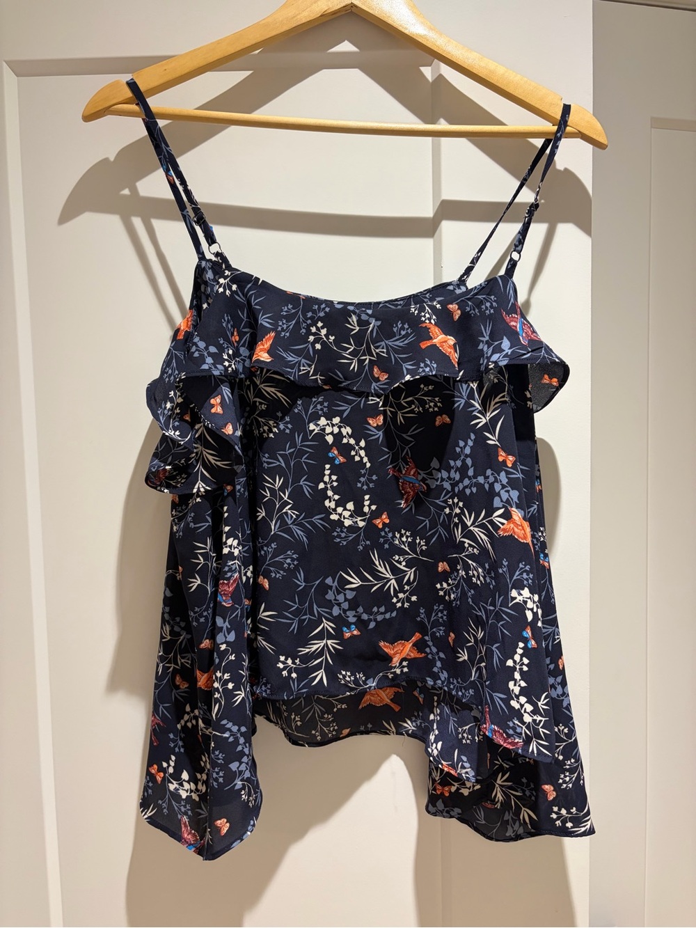 love, Fire Navy Floral Ruffled Spaghetti Strap Cami